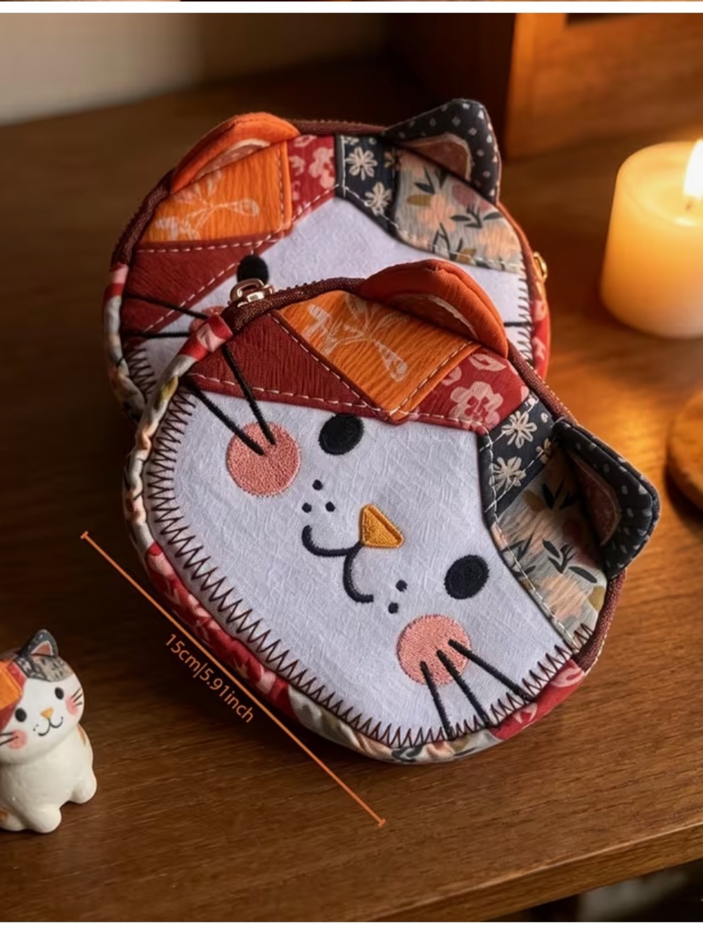 Cute Cat Face Coin Purse - Orange Patchwork (1)